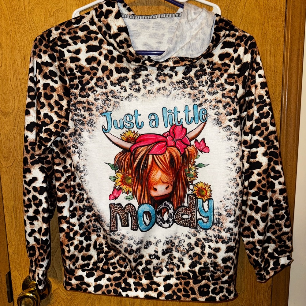 Leopard Print Hoodie with Moody Cow Design